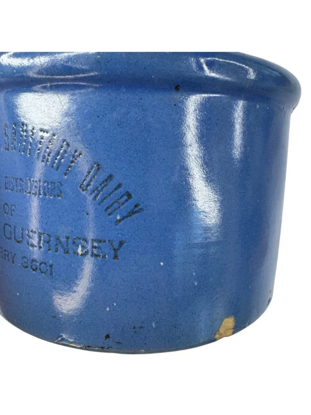 Ewald Bros. Sanitary Dairy Blue Ceramic Butter Crock 5" Golden Guernsey MN Vtg - Picture 9 of 12